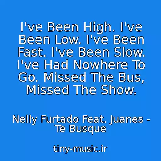 کاور آهنگ I've Been High. I've Been Low. I've Been Fast. I've Been Slow. I've Had Nowhere To Go. Missed The Bus, Missed The Show. از Nelly Furtado Feat. Juanes - Te Busque