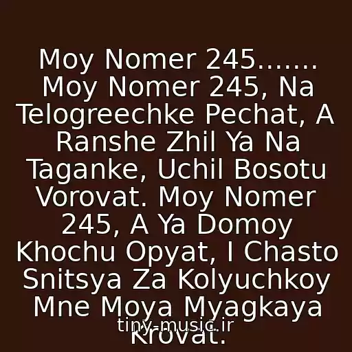 کاور آهنگ Moy Nomer 245....... Moy Nomer 245, Na Telogreechke Pechat, A Ranshe Zhil Ya Na Taganke, Uchil Bosotu Vorovat. Moy Nomer 245, A Ya Domoy Khochu Opyat, I Chasto Snitsya Za Kolyuchkoy Mne Moya Myagkaya Krovat. از Krichevskiy Garik