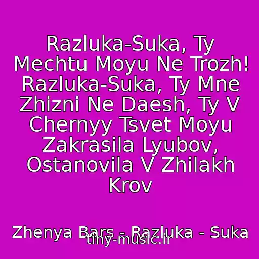 کاور آهنگ Razluka-Suka, Ty Mechtu Moyu Ne Trozh! Razluka-Suka, Ty Mne Zhizni Ne Daesh, Ty V Chernyy Tsvet Moyu Zakrasila Lyubov, Ostanovila V Zhilakh Krov از Zhenya Bars - Razluka - Suka