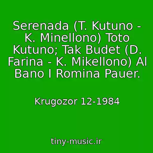 کاور آهنگ Serenada (T. Kutuno - K. Minellono) Toto Kutuno; Tak Budet (D. Farina - K. Mikellono) Al Bano I Romina Pauer. از Krugozor 12-1984