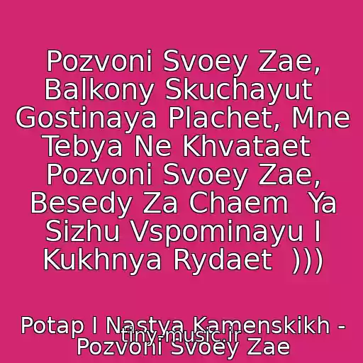کاور آهنگ Pozvoni Svoey Zae, Balkony Skuchayut  Gostinaya Plachet, Mne Tebya Ne Khvataet  Pozvoni Svoey Zae, Besedy Za Chaem  Ya Sizhu Vspominayu I Kukhnya Rydaet  ))) از Potap I Nastya Kamenskikh - Pozvoni Svoey Zae