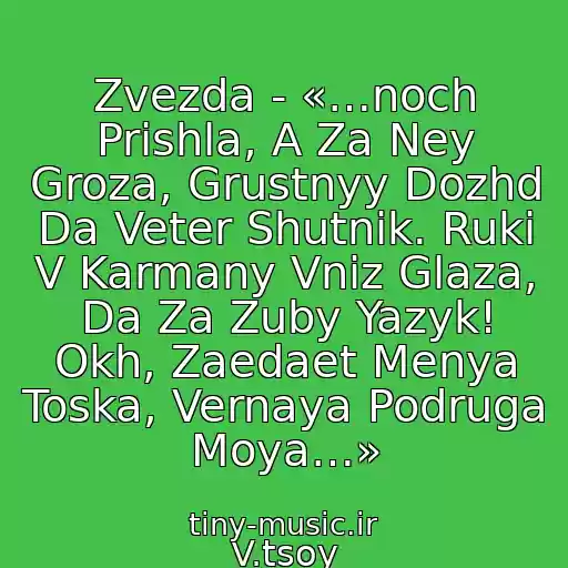 کاور آهنگ Zvezda - «…noch Prishla, A Za Ney Groza, Grustnyy Dozhd Da Veter Shutnik. Ruki V Karmany Vniz Glaza, Da Za Zuby Yazyk! Okh, Zaedaet Menya Toska, Vernaya Podruga Moya…» از V.tsoy