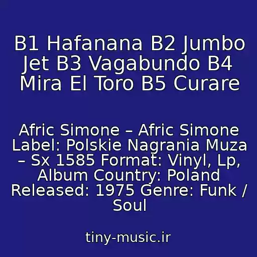 کاور آهنگ B1 Hafanana B2 Jumbo Jet B3 Vagabundo B4 Mira El Toro B5 Curare از Afric Simone – Afric Simone Label: Polskie Nagrania Muza – Sx 1585 Format: Vinyl, Lp, Album Country: Poland Released: 1975 Genre: Funk / Soul