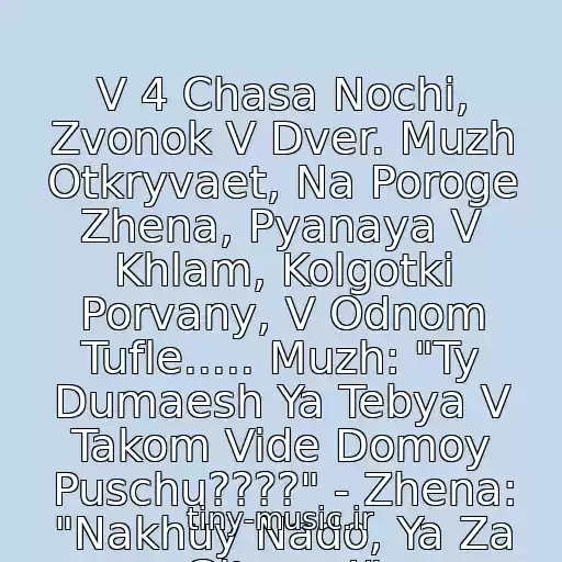 کاور آهنگ V 4 Chasa Nochi, Zvonok V Dver. Muzh Otkryvaet, Na Poroge Zhena, Pyanaya V Khlam, Kolgotki Porvany, V Odnom Tufle..... Muzh: "Ty Dumaesh Ya Tebya V Takom Vide Domoy Puschu????" - Zhena: "Nakhuy Nado, Ya Za Gitaroy!" از Yuliya Mikhalchik